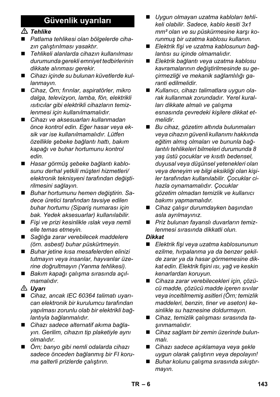 Güvenlik uyarıları | Karcher SC 6-800 C User Manual | Page 143 / 326