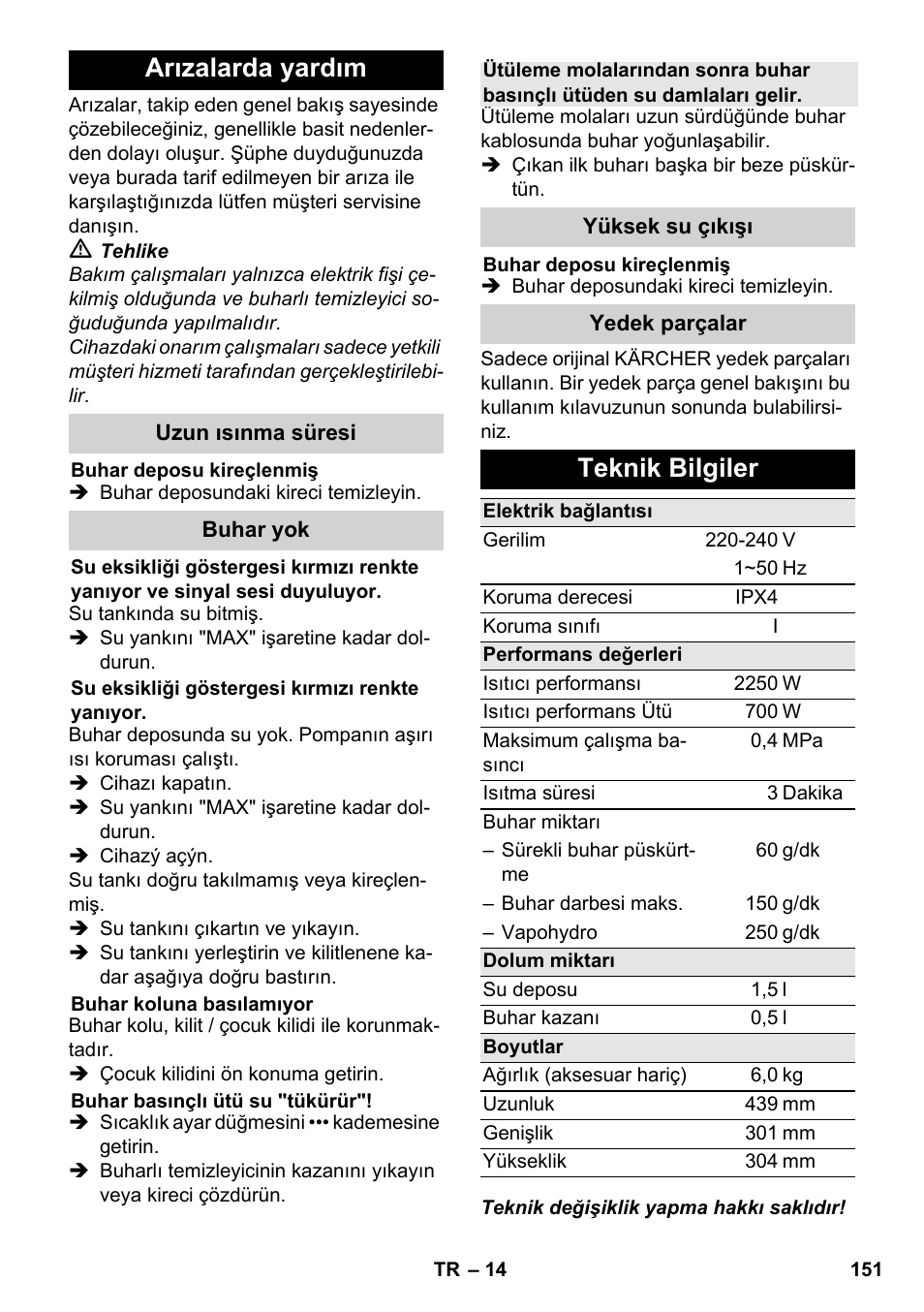 Arızalarda yardım, Teknik bilgiler | Karcher SC 6-800 C User Manual | Page 151 / 326