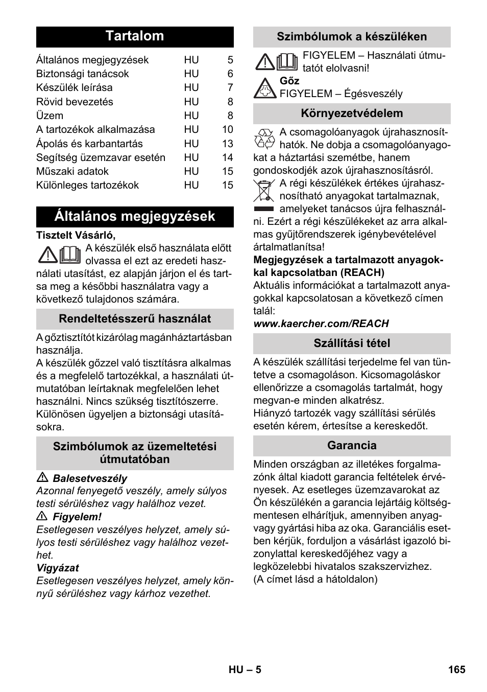 Magyar, Tartalom, Általános megjegyzések | Karcher SC 6-800 C User Manual | Page 165 / 326