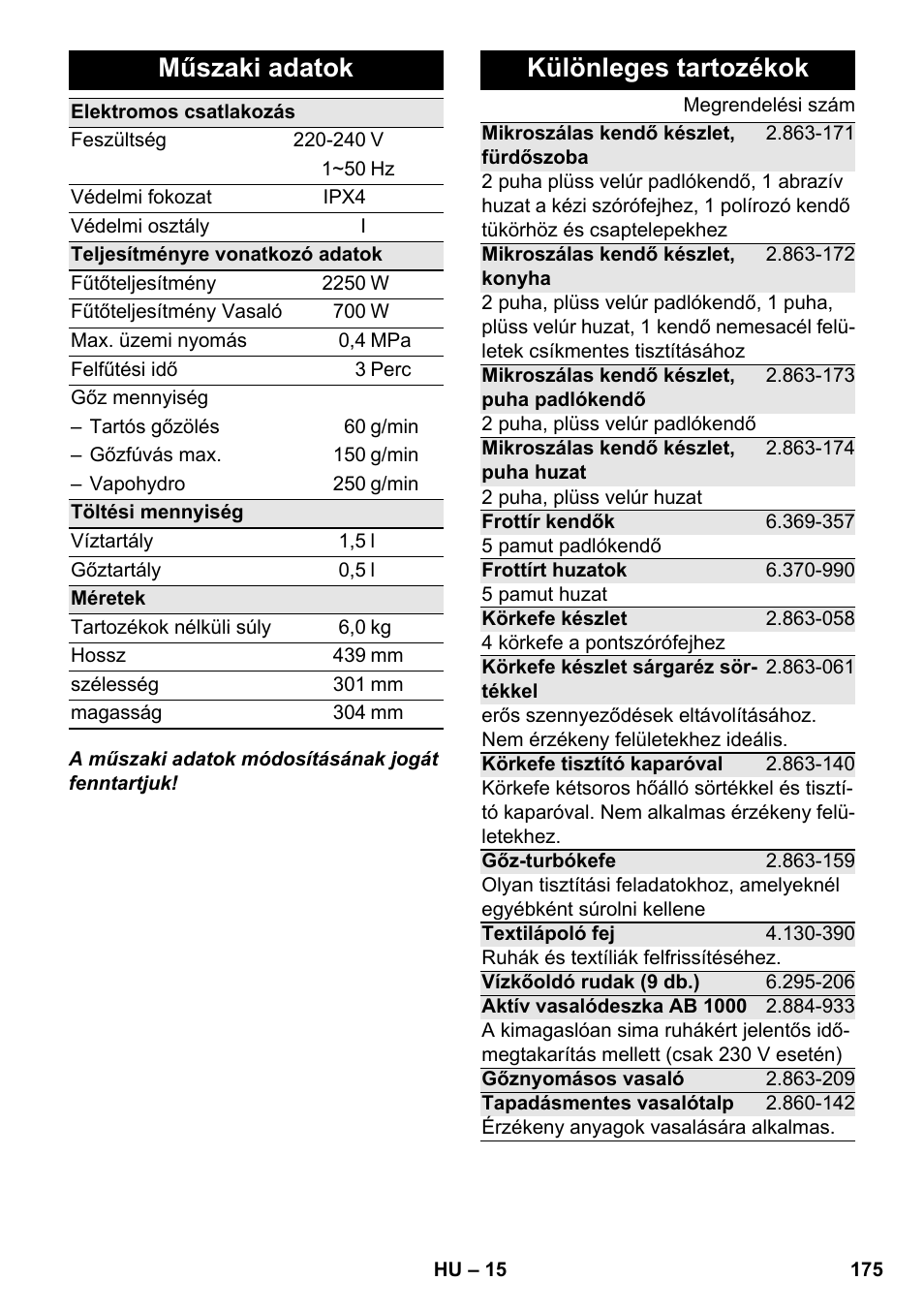 Műszaki adatok, Különleges tartozékok | Karcher SC 6-800 C User Manual | Page 175 / 326