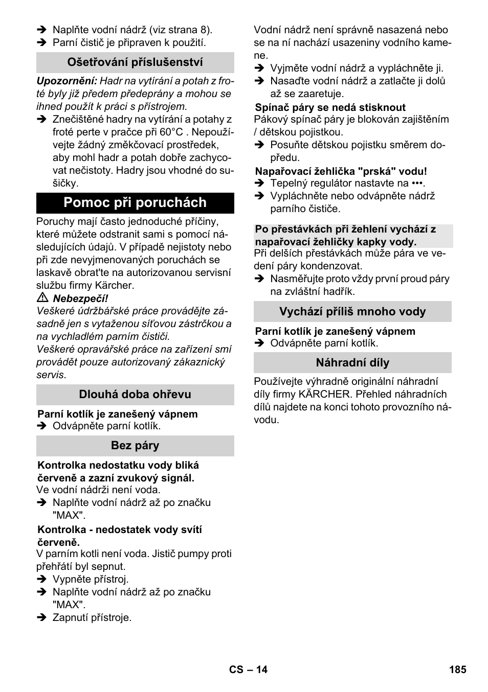 Pomoc při poruchách | Karcher SC 6-800 C User Manual | Page 185 / 326
