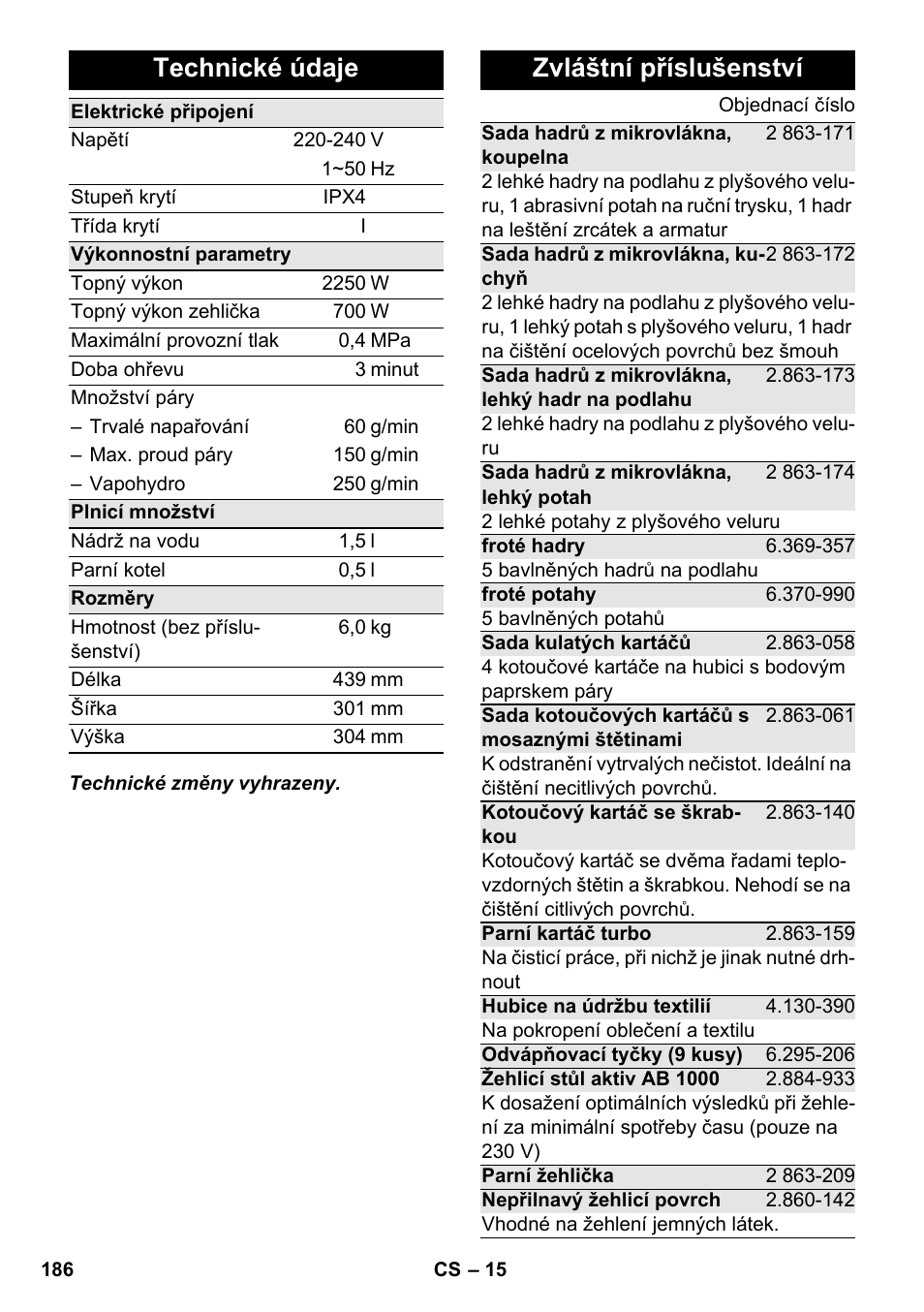 Technické údaje, Zvláštní příslušenství | Karcher SC 6-800 C User Manual | Page 186 / 326