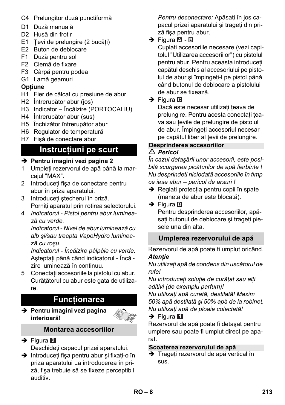 Instrucţiuni pe scurt funcţionarea | Karcher SC 6-800 C User Manual | Page 213 / 326