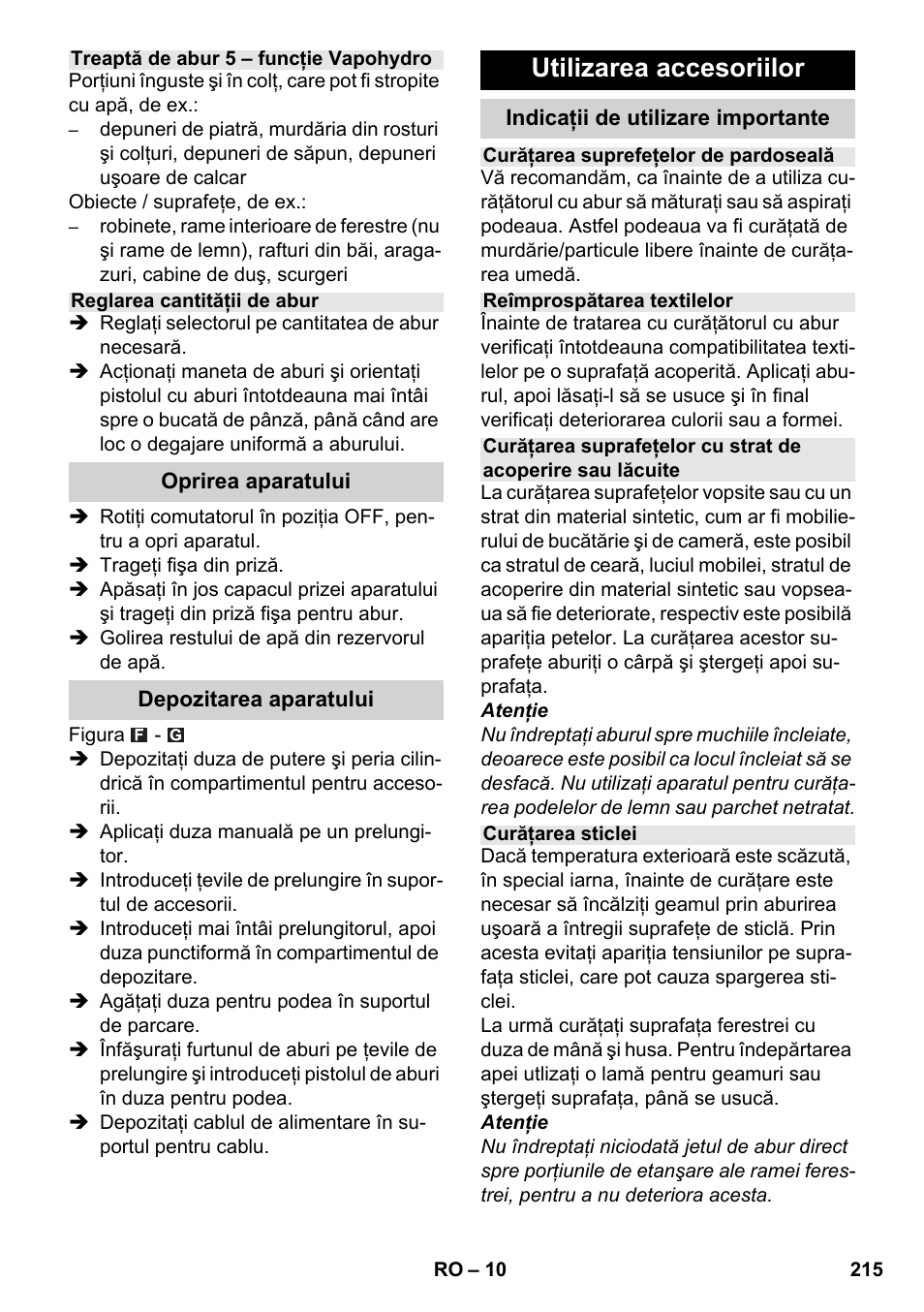 Utilizarea accesoriilor | Karcher SC 6-800 C User Manual | Page 215 / 326