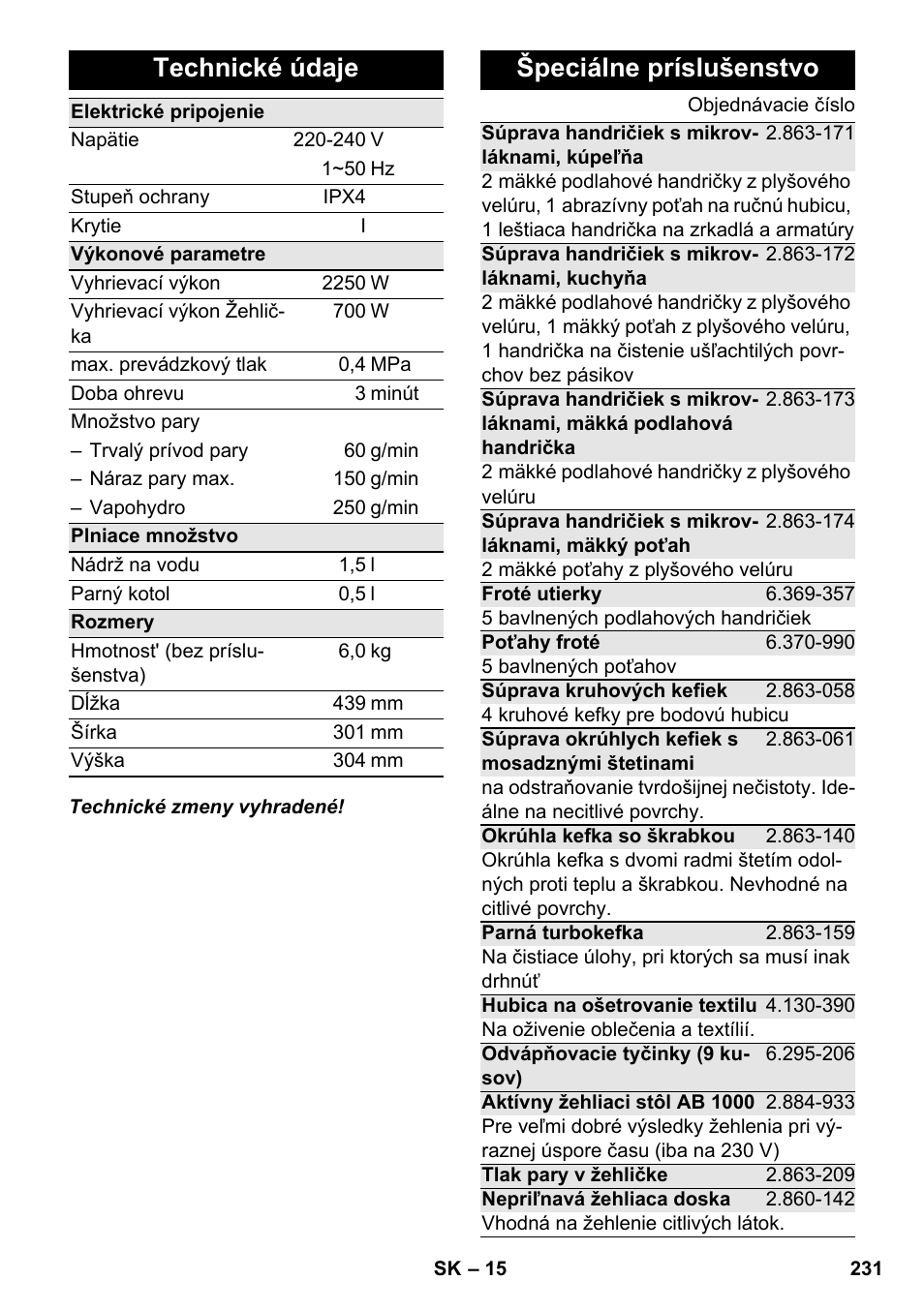 Technické údaje, Špeciálne príslušenstvo | Karcher SC 6-800 C User Manual | Page 231 / 326