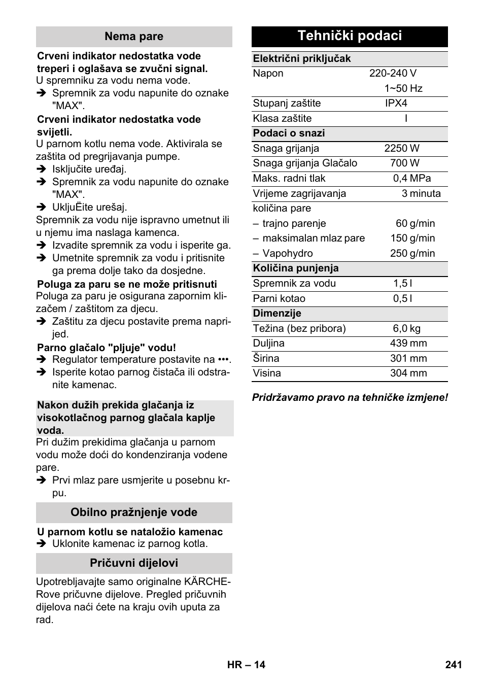 Tehnički podaci | Karcher SC 6-800 C User Manual | Page 241 / 326