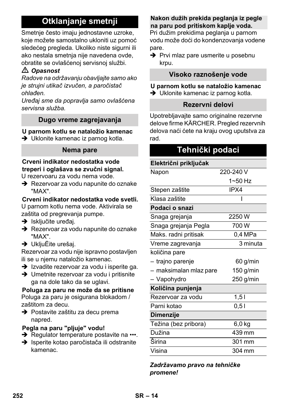 Otklanjanje smetnji, Tehnički podaci | Karcher SC 6-800 C User Manual | Page 252 / 326