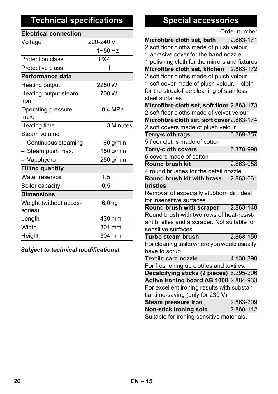 Technical specifications, Special accessories | Karcher SC 6-800 C User Manual | Page 26 / 326