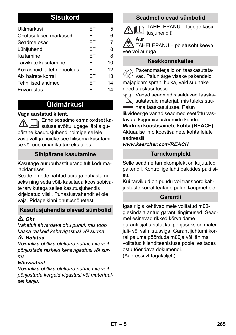 Eesti, Sisukord, Üldmärkusi | Karcher SC 6-800 C User Manual | Page 265 / 326