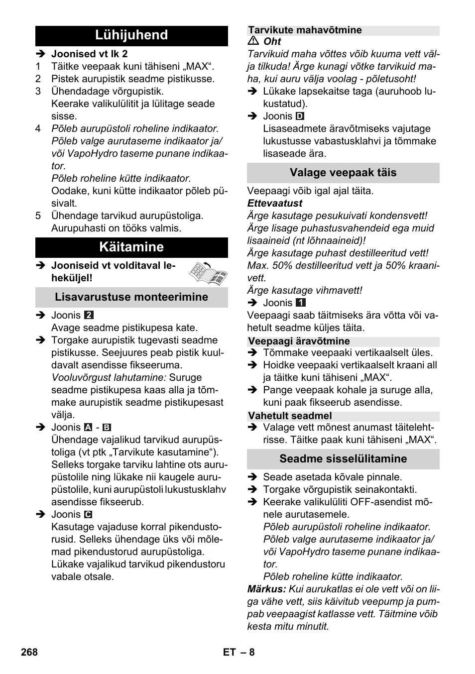 Lühijuhend käitamine | Karcher SC 6-800 C User Manual | Page 268 / 326