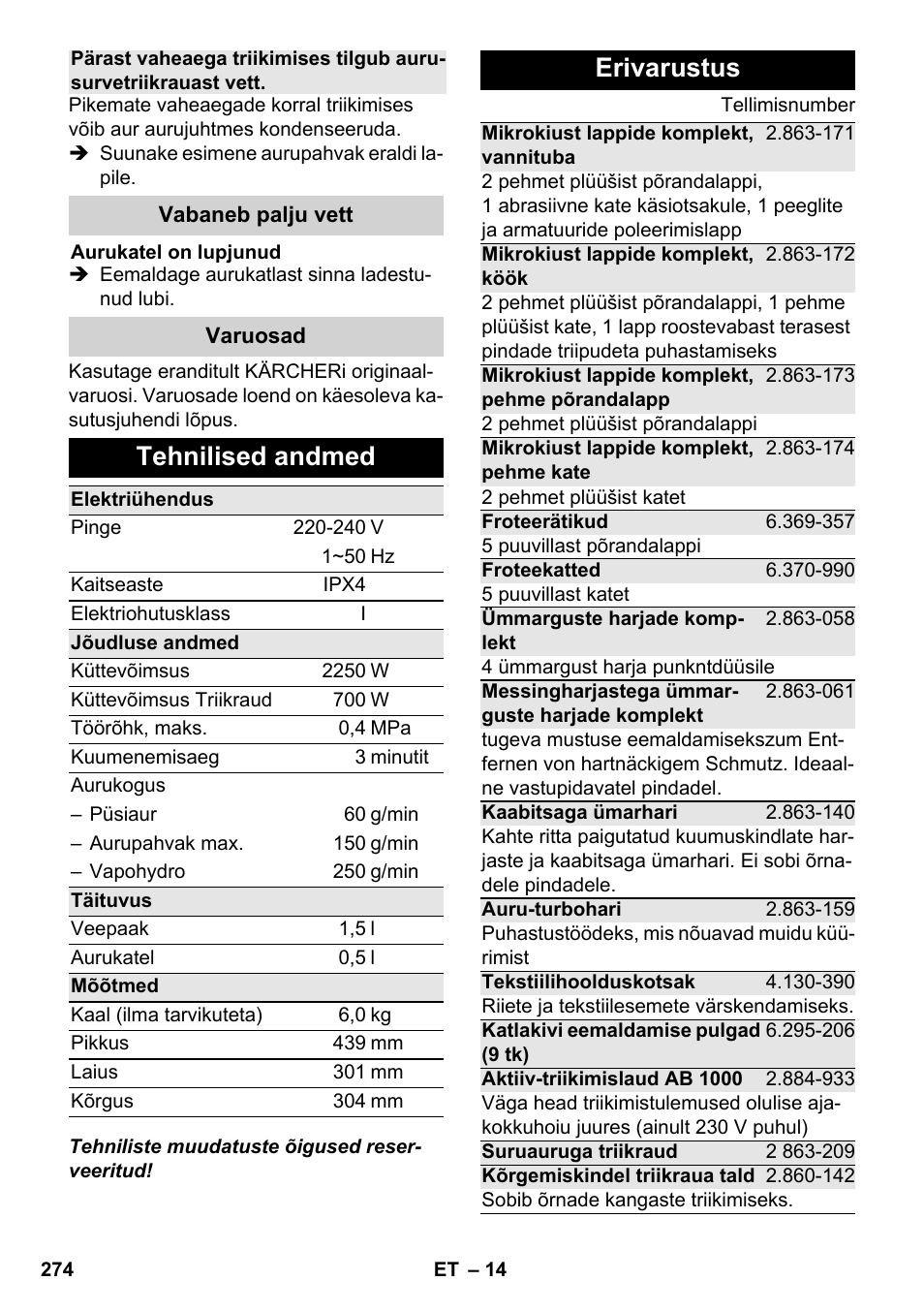 Tehnilised andmed, Erivarustus | Karcher SC 6-800 C User Manual | Page 274 / 326