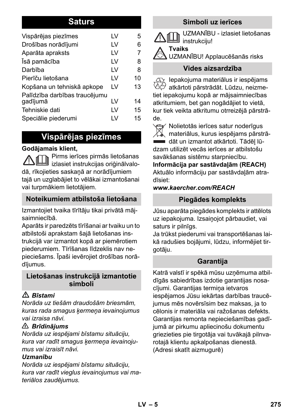 Latviešu, Saturs, Vispārējas piezīmes | Karcher SC 6-800 C User Manual | Page 275 / 326