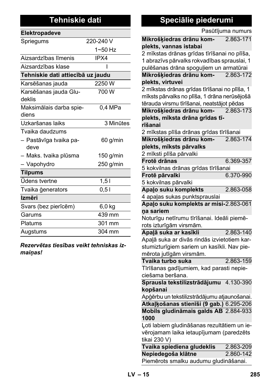 Tehniskie dati, Speciālie piederumi | Karcher SC 6-800 C User Manual | Page 285 / 326