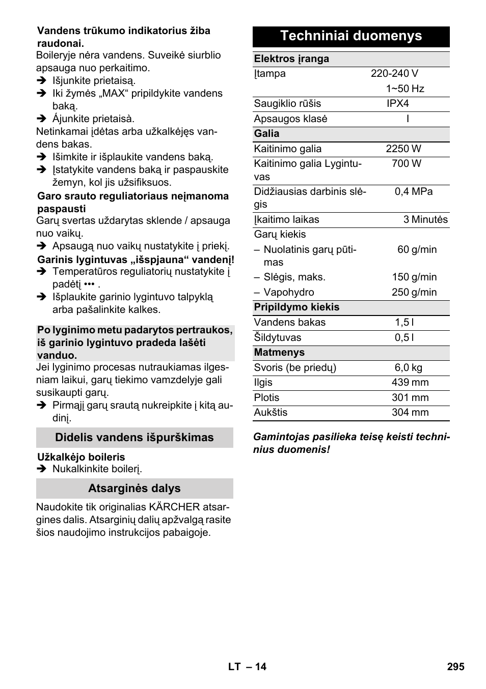 Techniniai duomenys | Karcher SC 6-800 C User Manual | Page 295 / 326