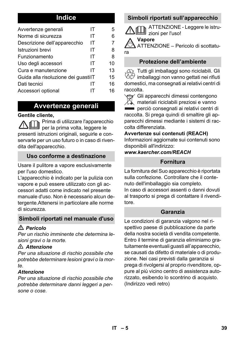 Italiano, Indice, Avvertenze generali | Karcher SC 6-800 C User Manual | Page 39 / 326