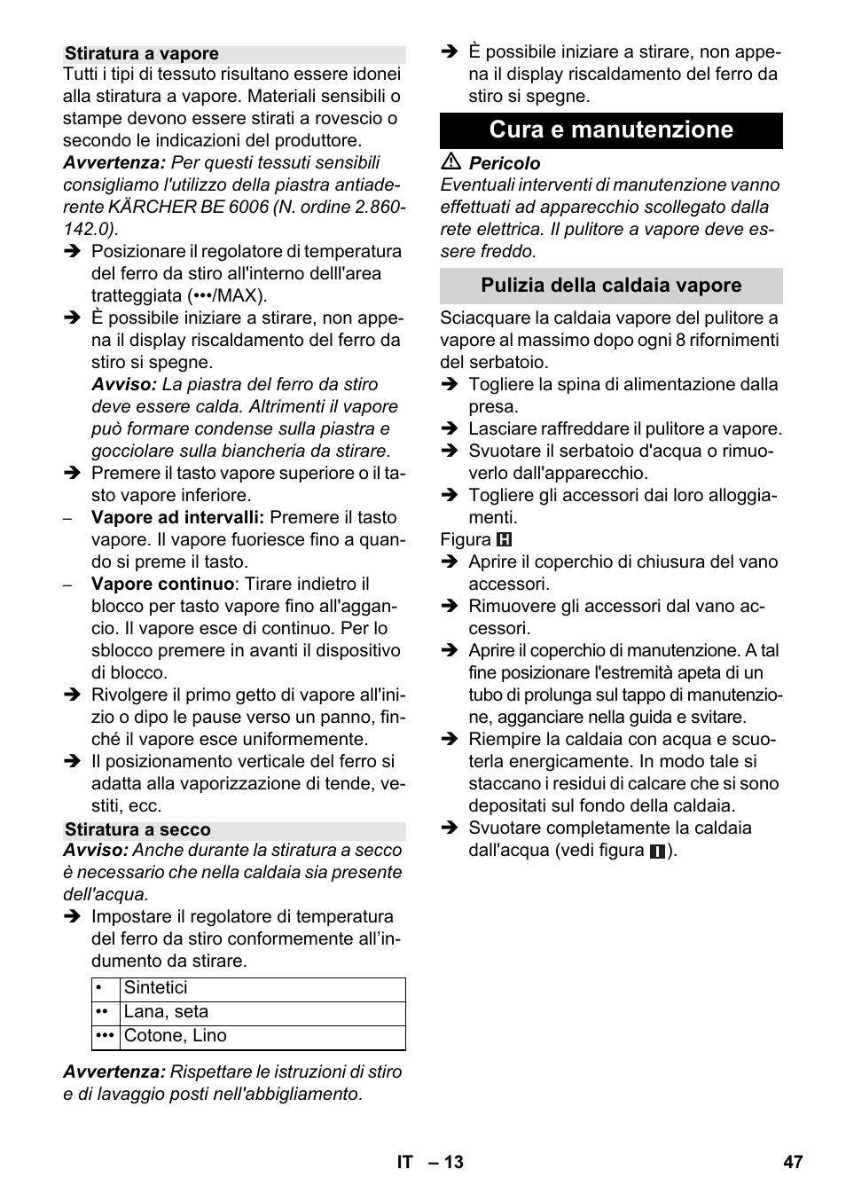 Cura e manutenzione | Karcher SC 6-800 C User Manual | Page 47 / 326