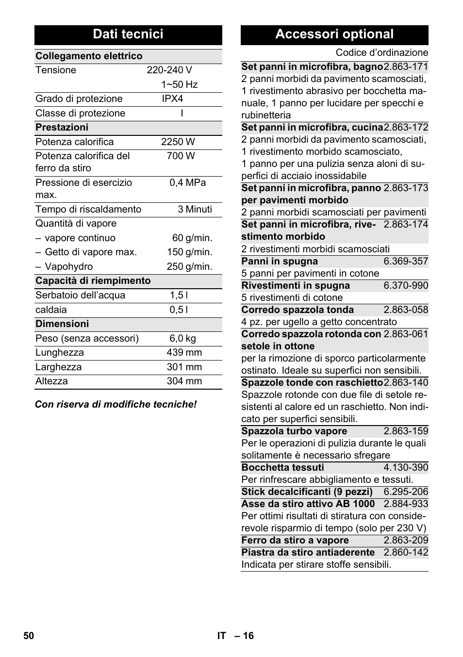 Dati tecnici, Accessori optional | Karcher SC 6-800 C User Manual | Page 50 / 326