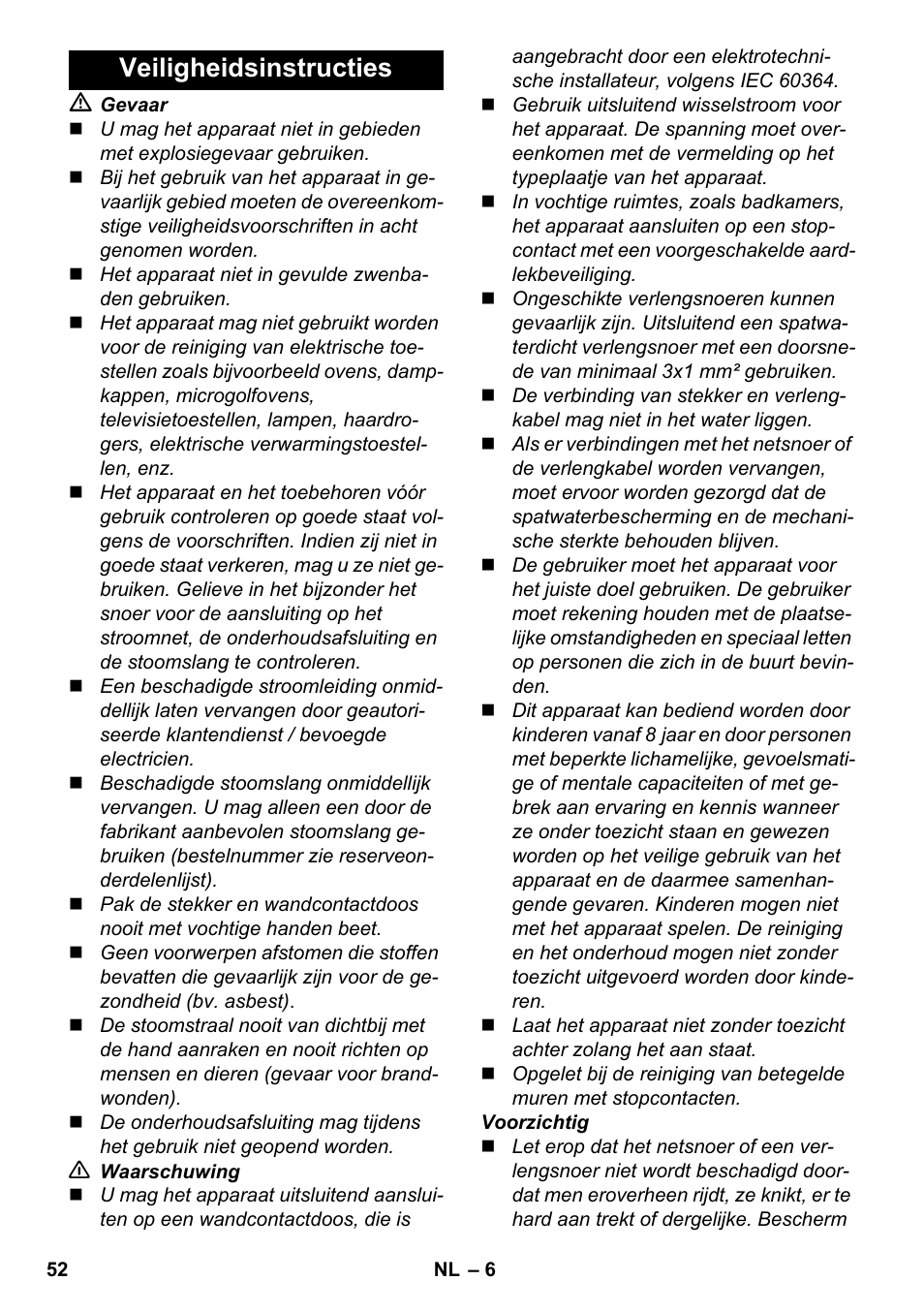 Veiligheidsinstructies | Karcher SC 6-800 C User Manual | Page 52 / 326