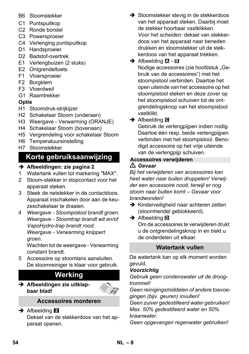 Korte gebruiksaanwijzing werking | Karcher SC 6-800 C User Manual | Page 54 / 326