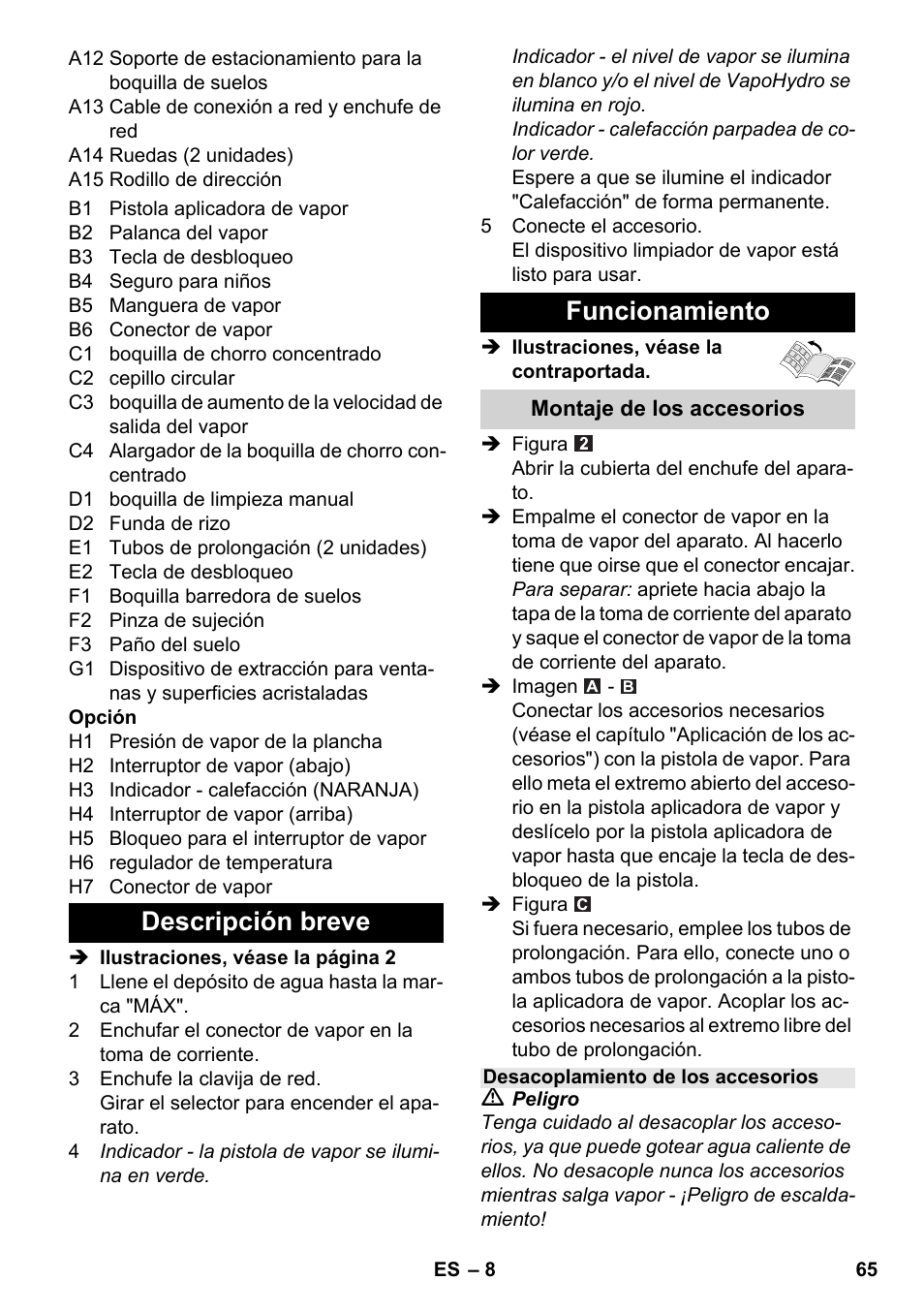 Descripción breve funcionamiento | Karcher SC 6-800 C User Manual | Page 65 / 326