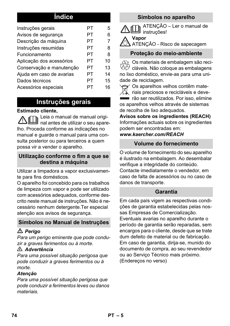 Português, Índice, Instruções gerais | Karcher SC 6-800 C User Manual | Page 74 / 326