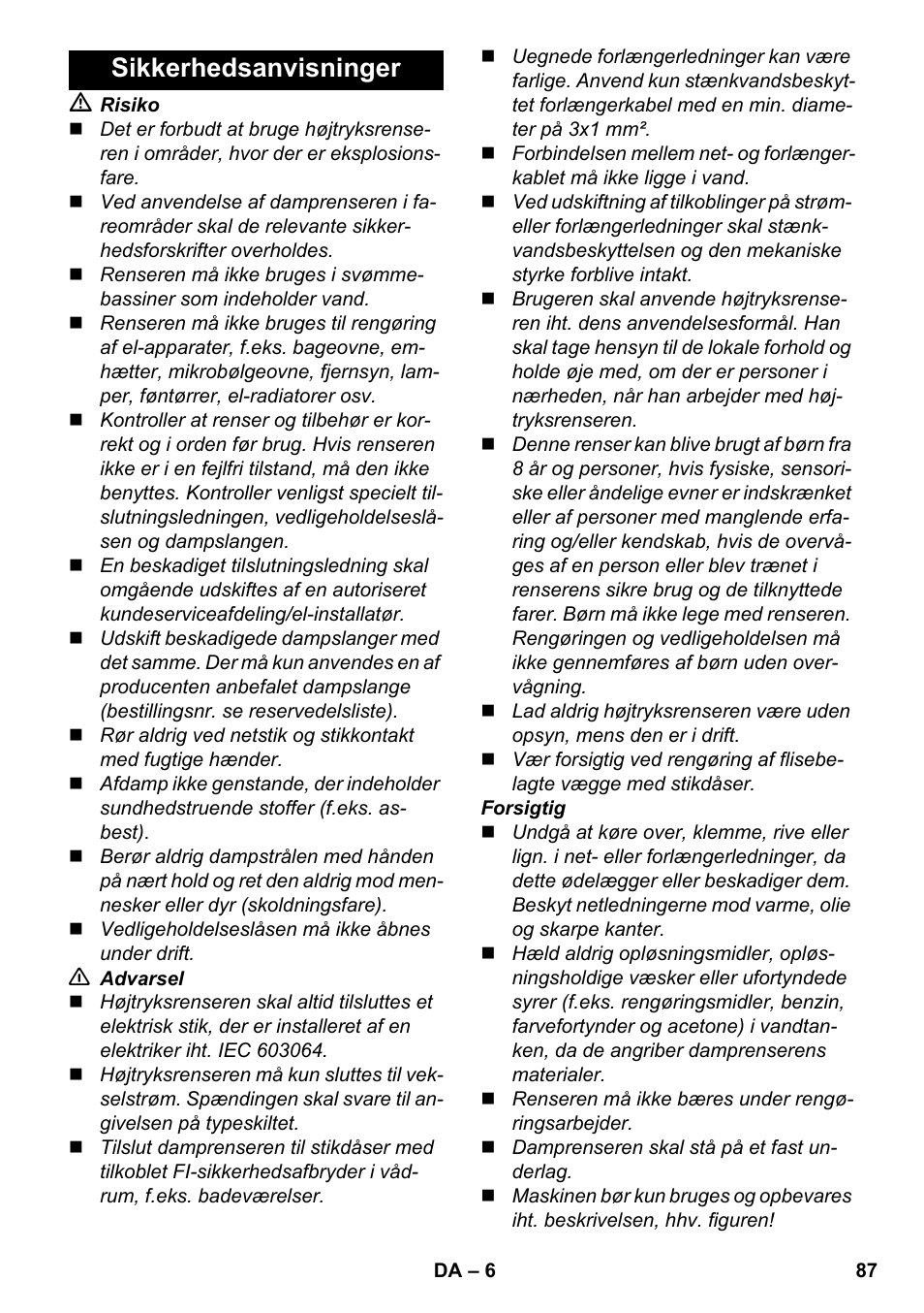 Sikkerhedsanvisninger | Karcher SC 6-800 C User Manual | Page 87 / 326