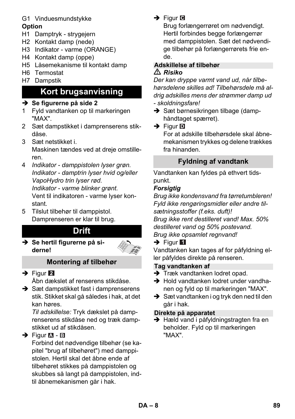 Kort brugsanvisning drift | Karcher SC 6-800 C User Manual | Page 89 / 326