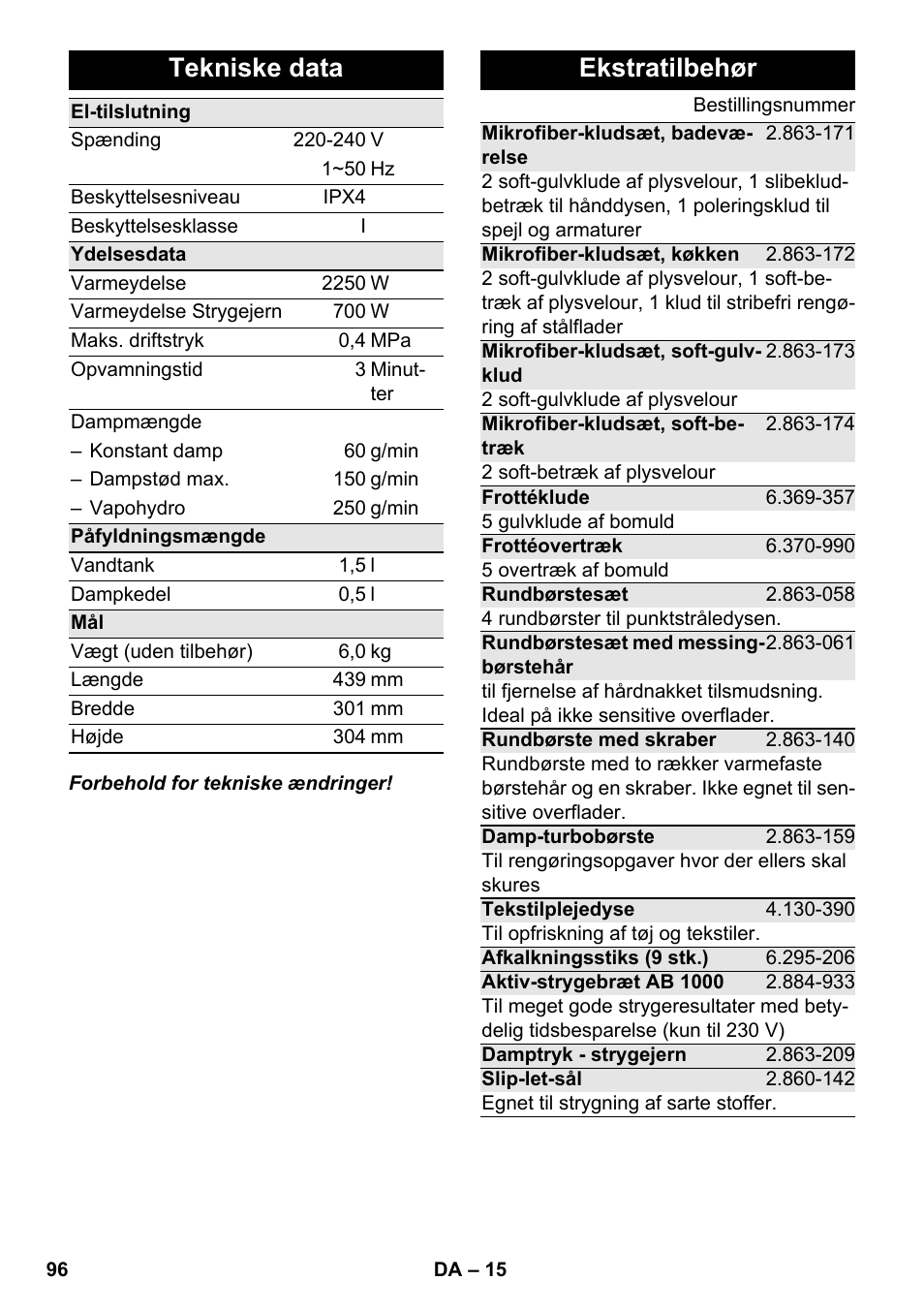 Tekniske data, Ekstratilbehør | Karcher SC 6-800 C User Manual | Page 96 / 326