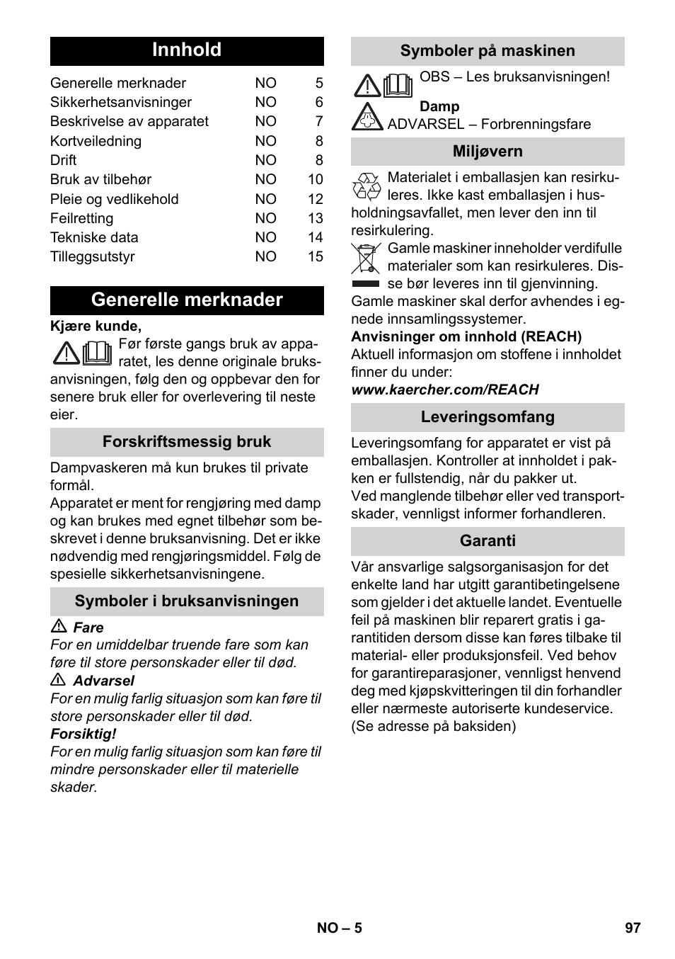 Norsk, Innhold, Generelle merknader | Karcher SC 6-800 C User Manual | Page 97 / 326