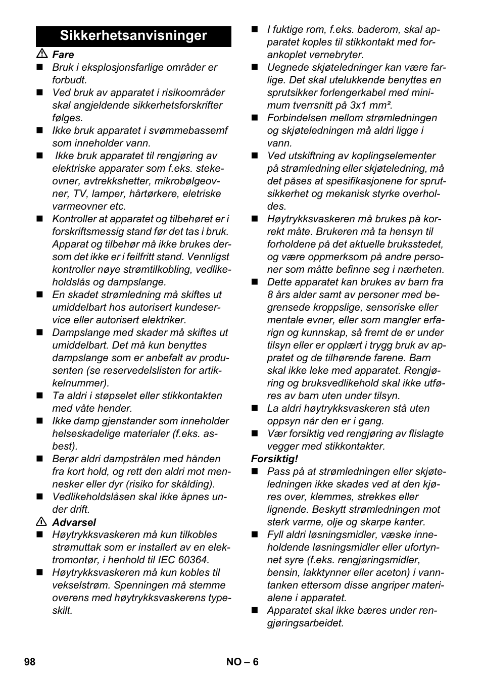 Sikkerhetsanvisninger | Karcher SC 6-800 C User Manual | Page 98 / 326