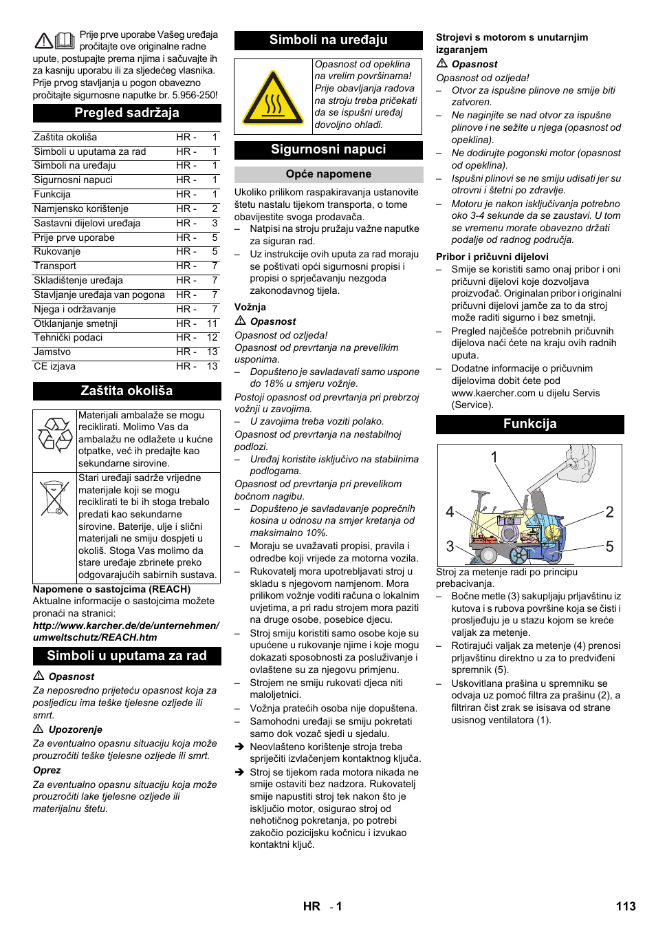 Pregled sadržaja, Zaštita okoliša, Simboli u uputama za rad simboli na uređaju | Sigurnosni napuci, Funkcija | Karcher KMR 1250 Lpg User Manual | Page 113 / 144