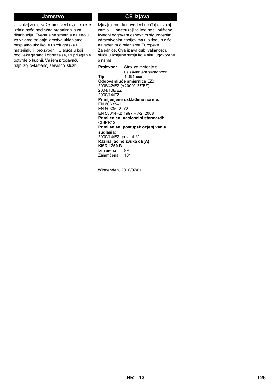 Jamstvo ce izjava | Karcher KMR 1250 Lpg User Manual | Page 125 / 144