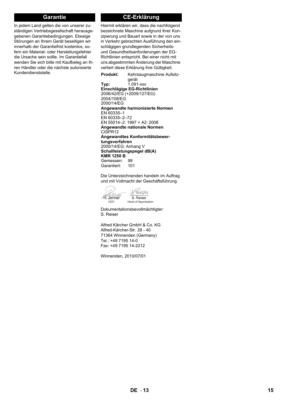 Garantie ce-erklärung | Karcher KMR 1250 Lpg User Manual | Page 15 / 144