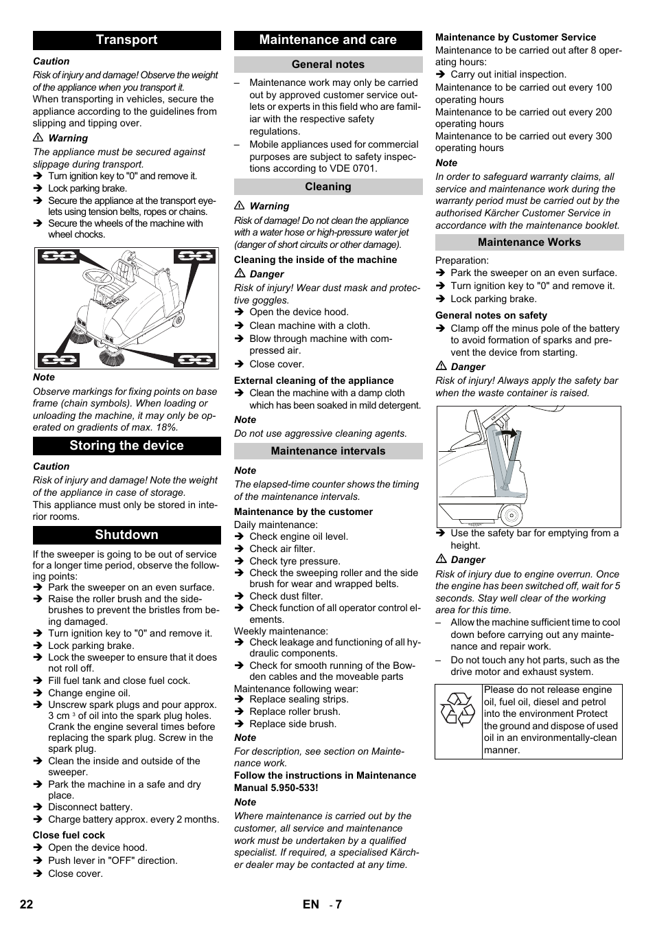 Transport storing the device shutdown, Maintenance and care | Karcher KMR 1250 Lpg User Manual | Page 22 / 144