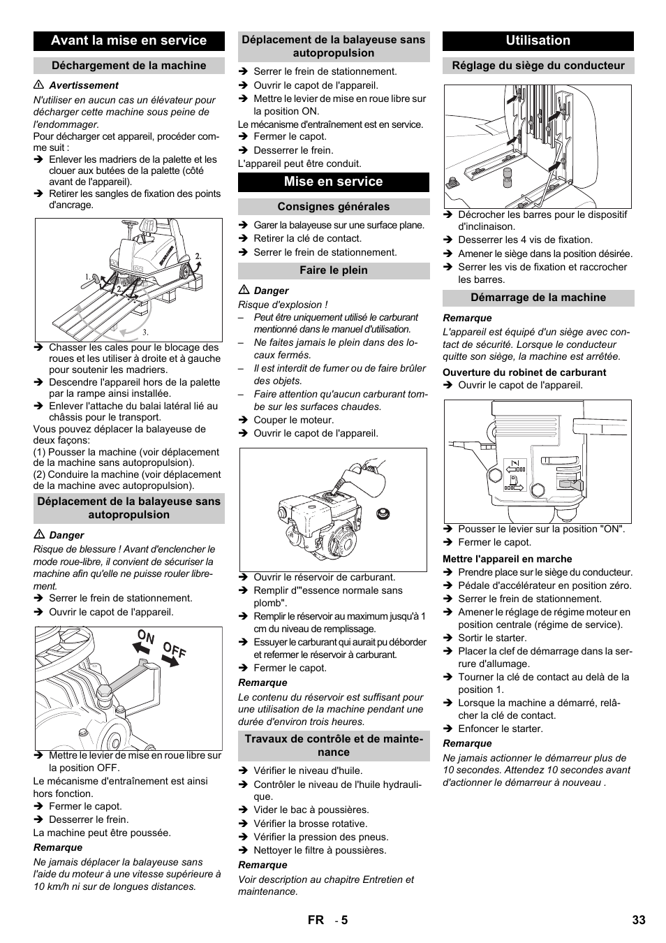 Avant la mise en service, Mise en service, Utilisation | Karcher KMR 1250 Lpg User Manual | Page 33 / 144