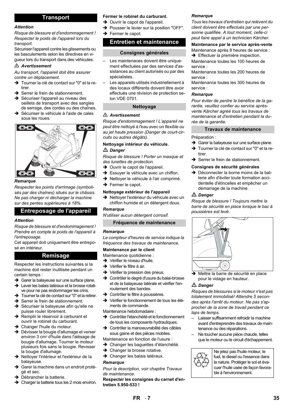 Transport entreposage de l'appareil remisage, Entretien et maintenance | Karcher KMR 1250 Lpg User Manual | Page 35 / 144