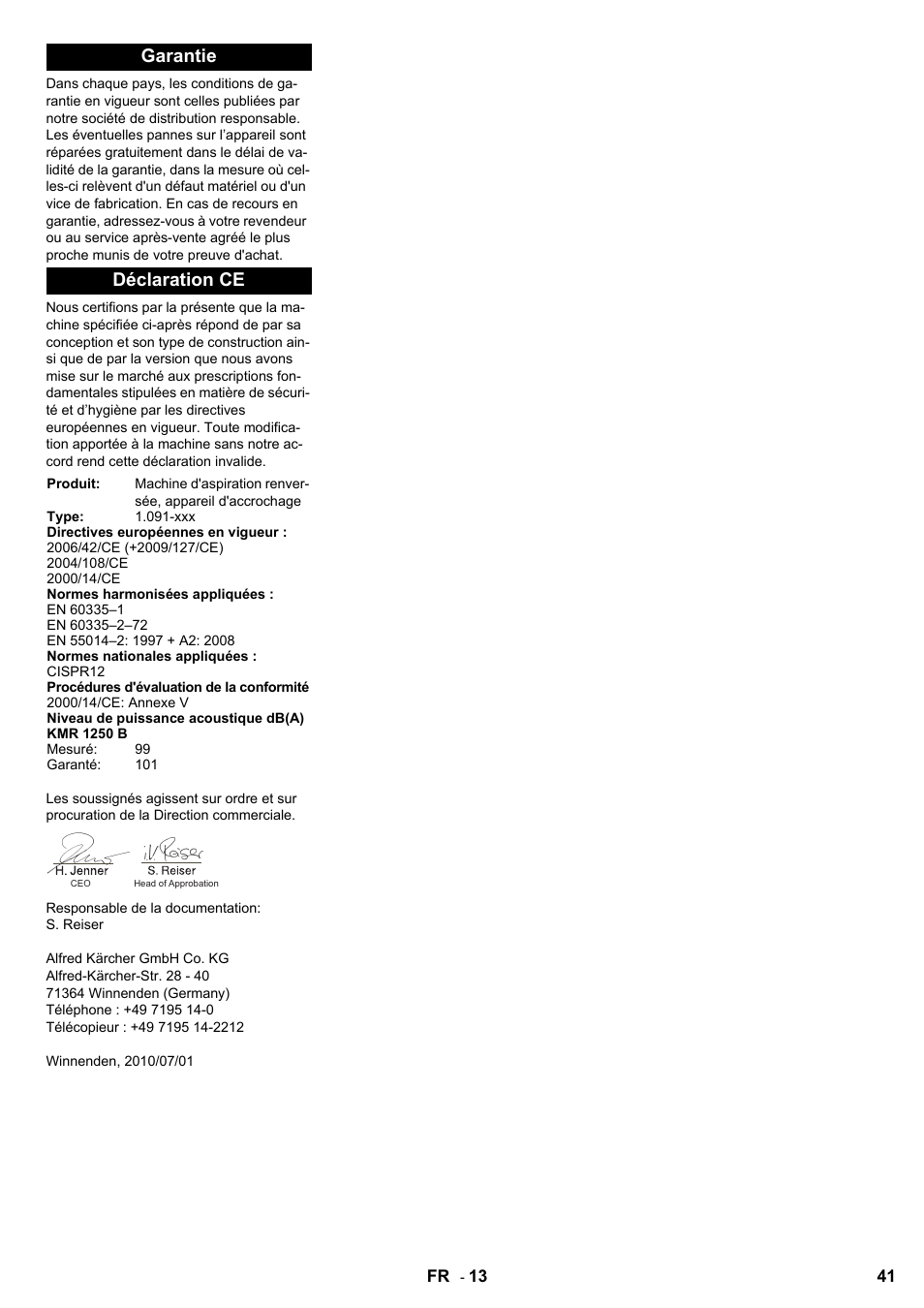 Garantie déclaration ce | Karcher KMR 1250 Lpg User Manual | Page 41 / 144