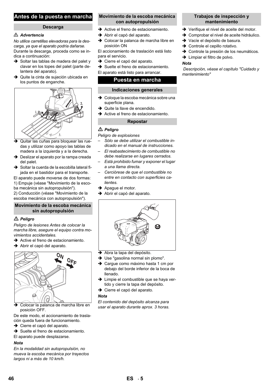 Antes de la puesta en marcha, Puesta en marcha | Karcher KMR 1250 Lpg User Manual | Page 46 / 144