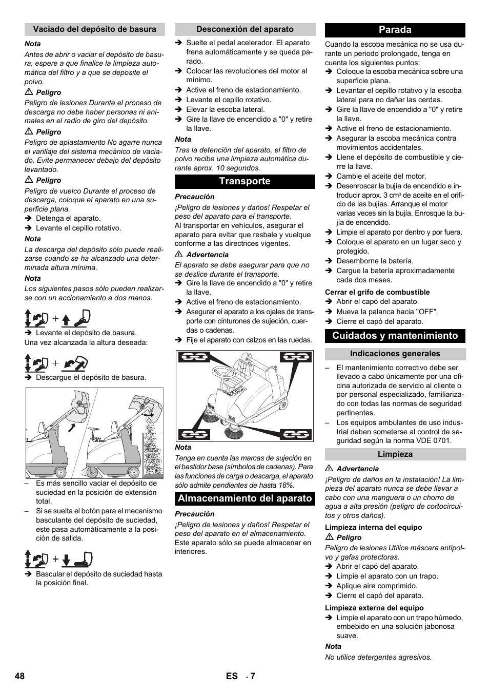 Transporte almacenamiento del aparato parada, Cuidados y mantenimiento | Karcher KMR 1250 Lpg User Manual | Page 48 / 144