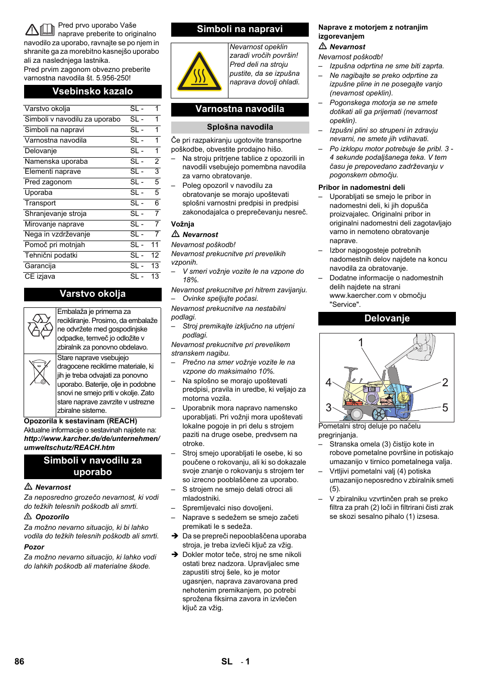Vsebinsko kazalo, Varstvo okolja, Simboli v navodilu za uporabo simboli na napravi | Varnostna navodila, Delovanje | Karcher KMR 1250 Lpg User Manual | Page 86 / 144