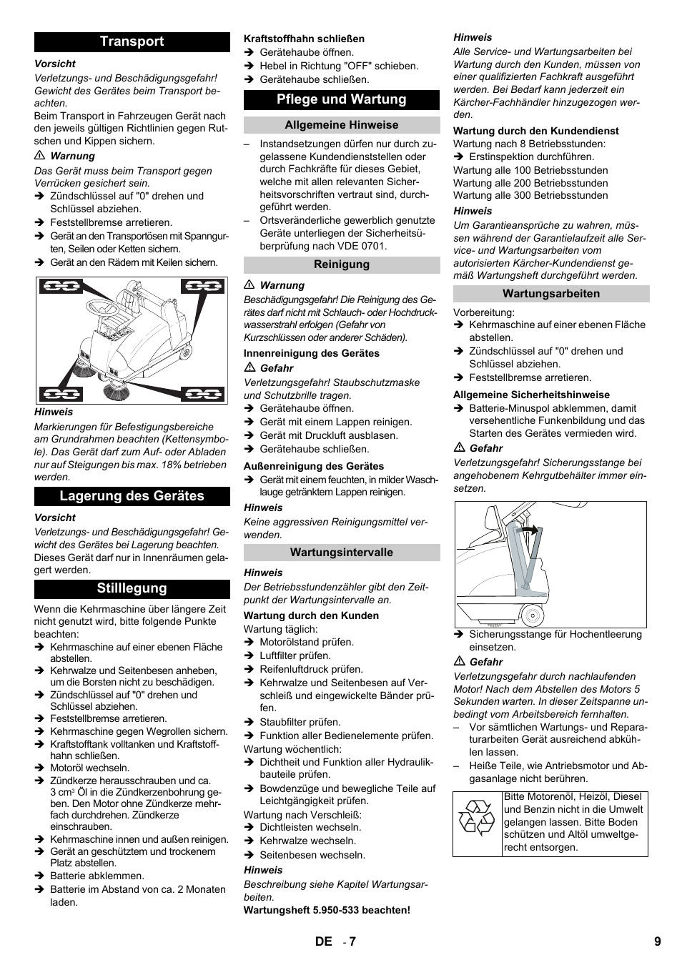 Transport lagerung des gerätes stilllegung, Pflege und wartung | Karcher KMR 1250 Lpg User Manual | Page 9 / 144