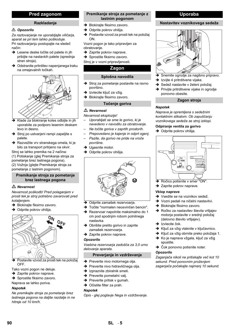 Pred zagonom, Zagon, Uporaba | Karcher KMR 1250 Lpg User Manual | Page 90 / 144