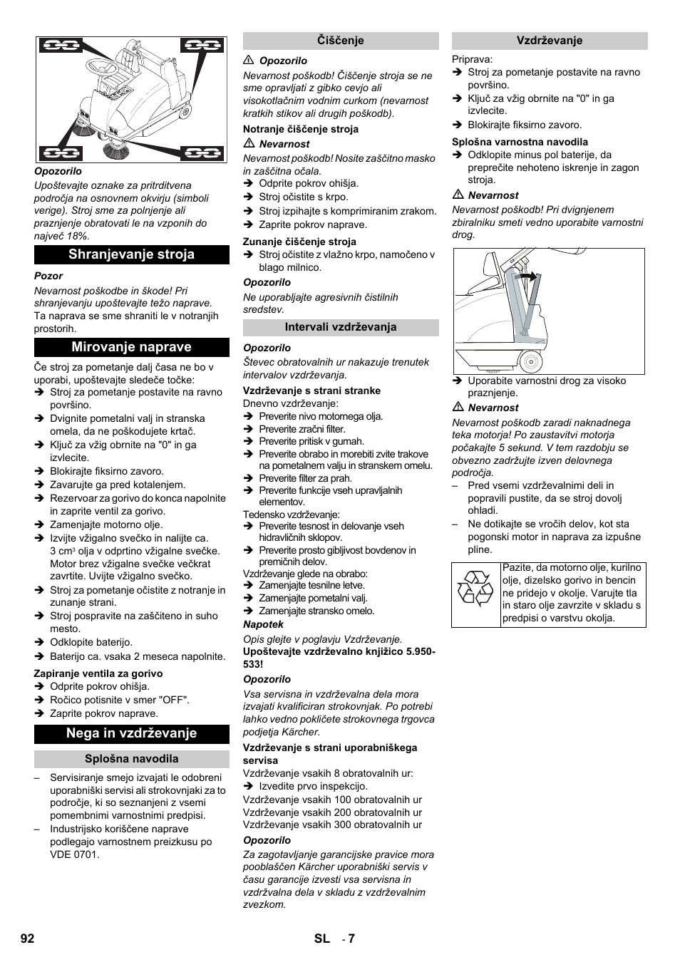 Shranjevanje stroja mirovanje naprave, Nega in vzdrževanje | Karcher KMR 1250 Lpg User Manual | Page 92 / 144