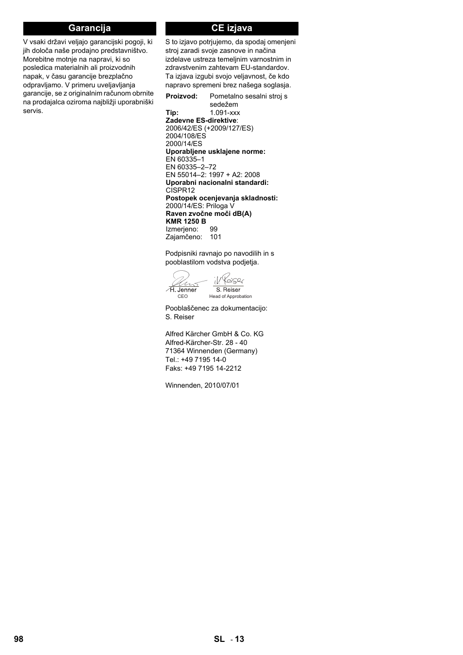 Garancija ce izjava | Karcher KMR 1250 Lpg User Manual | Page 98 / 144