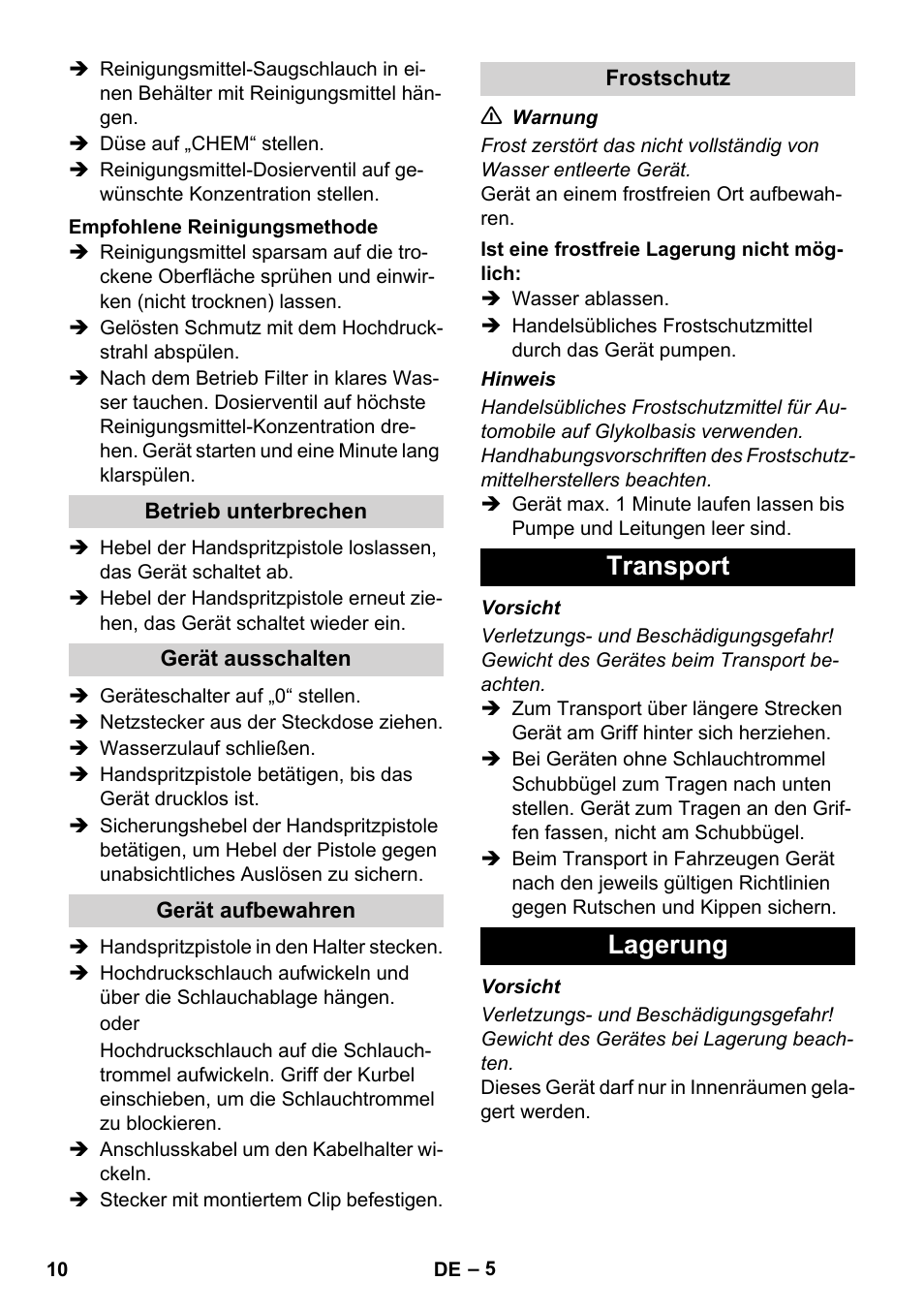 Transport lagerung | Karcher Xpert HD 7140 X User Manual | Page 10 / 276