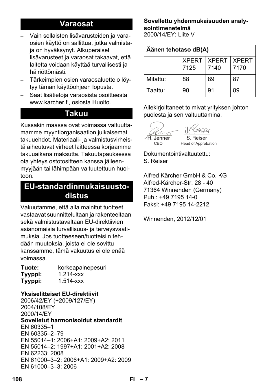 Varaosat takuu eu-standardinmukaisuusto- distus | Karcher Xpert HD 7140 X User Manual | Page 108 / 276