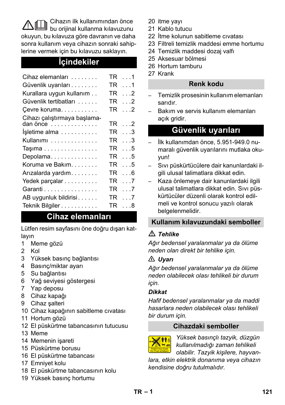 Türkçe, Içindekiler, Cihaz elemanları | Güvenlik uyarıları | Karcher Xpert HD 7140 X User Manual | Page 121 / 276