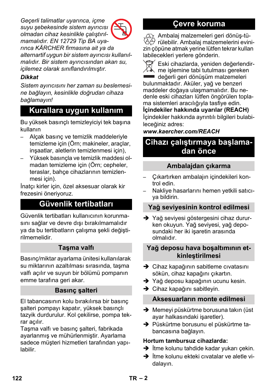 Kurallara uygun kullanım güvenlik tertibatları, Çevre koruma cihazı çalıştırmaya başlama- dan önce | Karcher Xpert HD 7140 X User Manual | Page 122 / 276