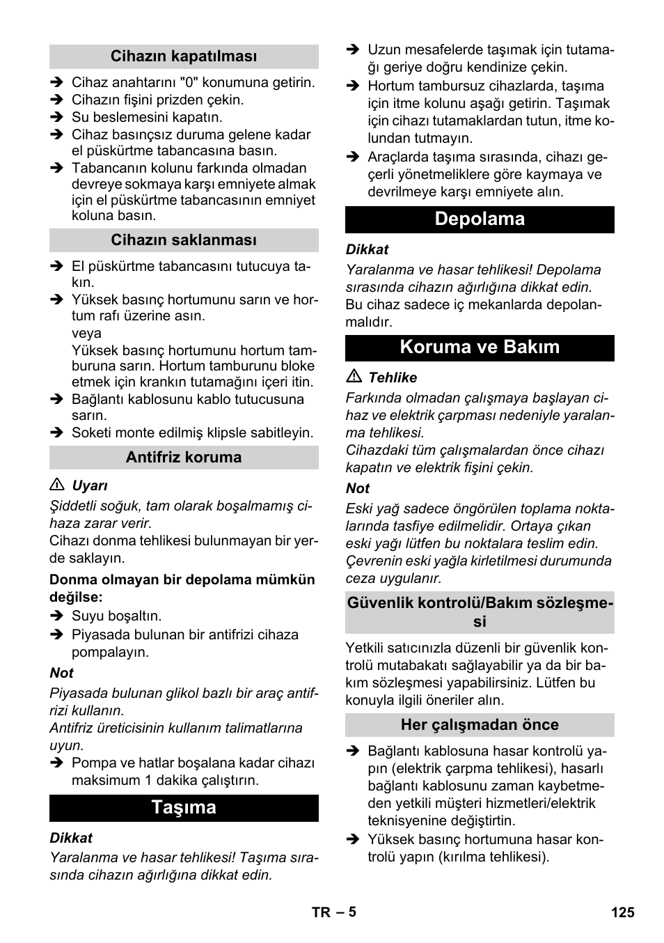 Taşıma depolama koruma ve bakım | Karcher Xpert HD 7140 X User Manual | Page 125 / 276