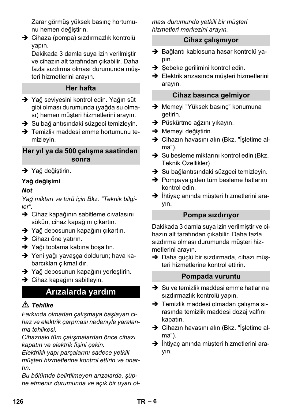 Arızalarda yardım | Karcher Xpert HD 7140 X User Manual | Page 126 / 276